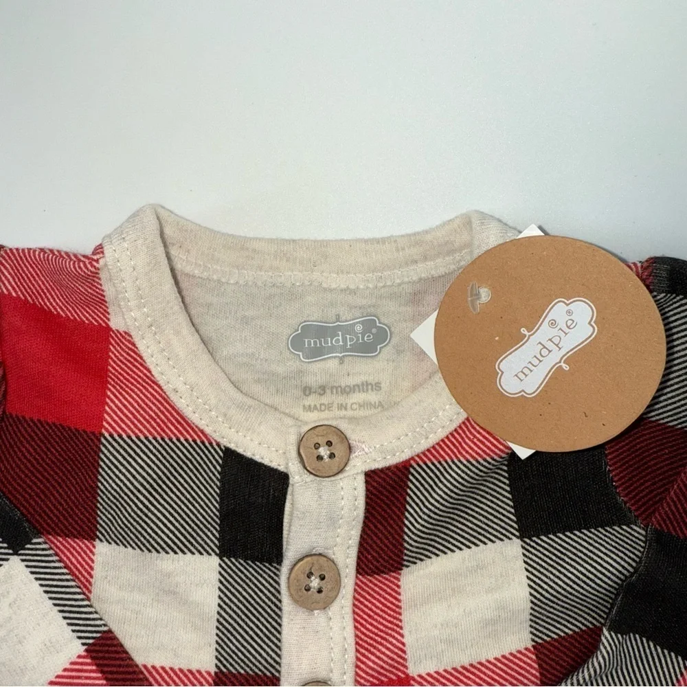 Mud Pie Red and Black Plaid Baby My First Christmas Knotted Gown with Hat New!